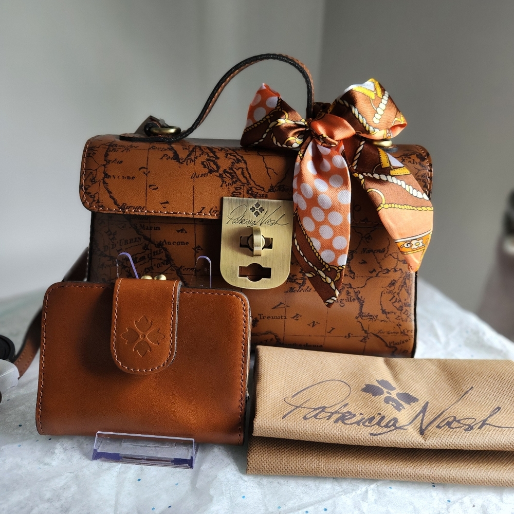 Patricia Nash Brown Signature Map Carisbrooke Riot Rust Satchel Set 4pc Set